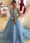 Ball Gown V Neck Sleeveless 3D Flowers Tulle Glitter Court Train Prom Dress