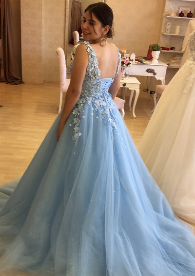 Ball Gown V Neck Sleeveless 3D Flowers Tulle Glitter Court Train Prom Dress