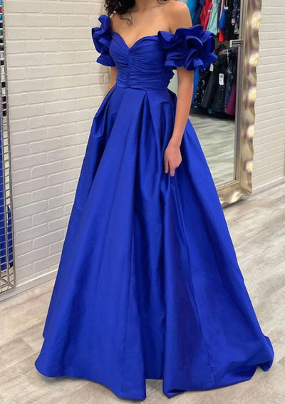 A-line Off Shoulder Ruffle Sleeve Taffeta Sweep Train Long Prom Gown, Pleated