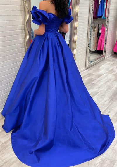 A-line Off Shoulder Ruffle Sleeve Taffeta Sweep Train Long Prom Gown, Pleated