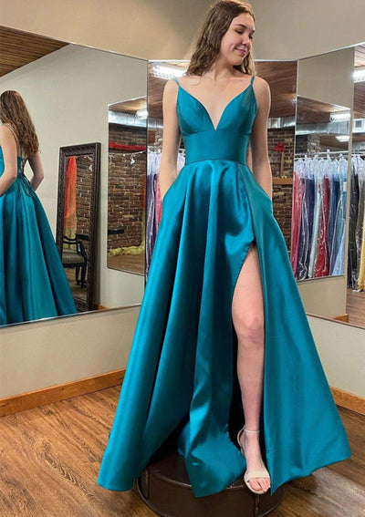 A-line V Neck Sleeveless Satin Floor-Length Prom Dress, Pockets Split