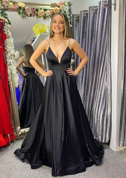 A-line Plunging Sleeveless Black Satin Sweep Train Prom Dress, Beading