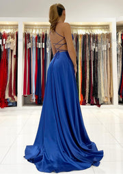 A-line V Neck Sleeveless Strappy Back Charmeuse Sweep Train Prom Dress, Split