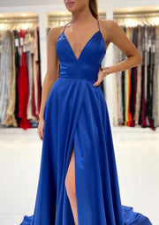 A-line V Neck Sleeveless Strappy Back Charmeuse Sweep Train Prom Dress, Split