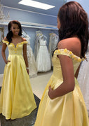 A-line Off Shoulder Daffodil Satin Floor-Length Prom Dress, Beaded Flowers Pockets