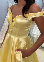 A-line Off Shoulder Daffodil Satin Floor-Length Prom Dress, Beaded Flowers Pockets