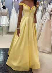 A-line Off Shoulder Daffodil Satin Floor-Length Prom Dress, Beaded Flowers Pockets