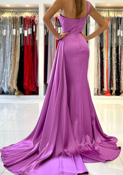 Trumpet One-Shoulder Sleeveless Sweep Train Satin Long Prom Dress, Pleated Draping