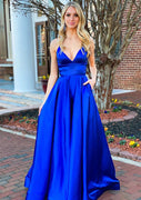 A-line V Neck Sleeveless Royal Blue Charmeuse Floor Length Prom Dress, Pockets