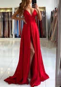 A-line V Neck Sleeveless Cross Straps Red Charmeuse Sweep Train Prom Dress, Split