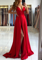 A-line V Neck Sleeveless Cross Straps Red Charmeuse Sweep Train Prom Dress, Split