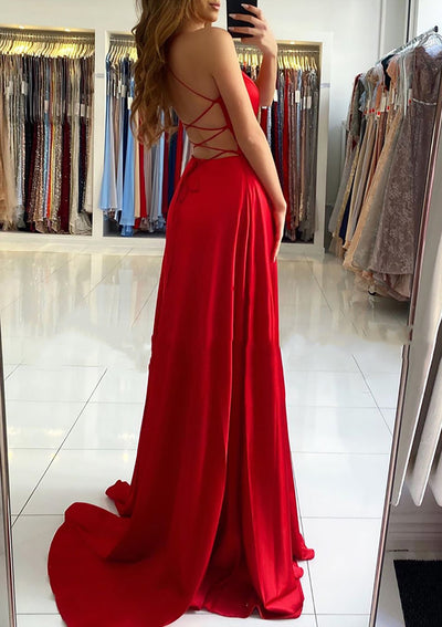 A-line V Neck Sleeveless Cross Straps Red Charmeuse Sweep Train Prom Dress, Split