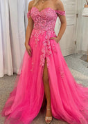 A-line Off Shoulder Sleeveless Court Train Lace Tulle Prom Dress, Beading Pockets Split