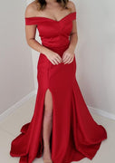 Trumpet Off Shoulder V-neck Sleeveless Red Satin Long Prom Dress, Slit