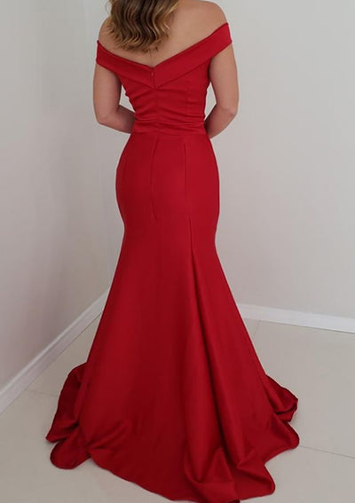 Trumpet Off Shoulder V-neck Sleeveless Red Satin Long Prom Dress, Slit