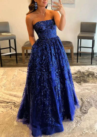 Princess Strapless Corset Floor-Length Royal Blue Lace Prom Party Dress, Pockets