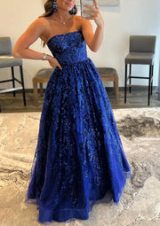 Princess Strapless Corset Floor-Length Royal Blue Lace Prom Party Dress, Pockets