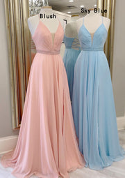 A-line Plunging Sleeveless Chiffon Sweep Train Prom Dress, Beading Pleated