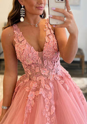 Princesse Plunging Sleeveless Floor-Length Tulle Ball Robe de bal, Dentelle