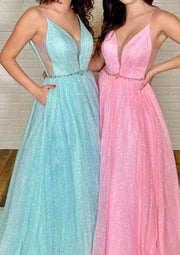 A-line Plunging Sleeveless Long Pink Tulle Glitter Prom Dress, Beading Pockets