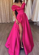 A-line Off Shoulder Short Sleeve Fuchsia Satin Floor-Length Prom Dress, Ruffles Split