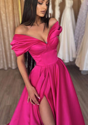 A-line Off Shoulder Short Sleeve Fuchsia Satin Floor-Length Prom Dress, Ruffles Split