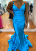 Sheath V Neck Sleeveless Strappy Back Sweep Train Jersey Prom Dress, Fishtail