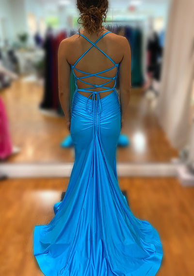 Sheath V Neck Sleeveless Strappy Back Sweep Train Jersey Prom Dress, Fishtail