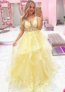 Princess A-line Plunging Sleeveless Ruffled Tulle Floor-Length Prom Dress, Lace