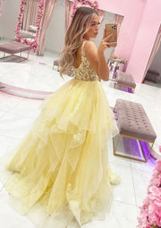 Princess A-line Plunging Sleeveless Ruffled Tulle Floor-Length Prom Dress, Lace