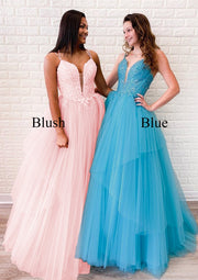 Princess Ball Gown Plunging Spaghetti Straps Cross Back Long Tulle Prom Dress, Lace