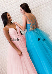 Princess Ball Gown Plunging Spaghetti Straps Cross Back Long Tulle Prom Dress, Lace