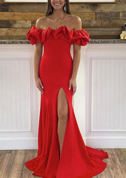 Sheath Ruffled Off Shoulder Sleeveless Sweep Train Red Satin Prom Dress, Split