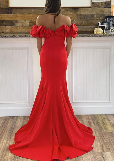 Sheath Ruffled Off Shoulder Sleeveless Sweep Train Red Satin Prom Dress, Split