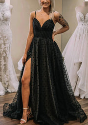 A-line V Neck Spaghetti Straps Sweep Train Black Dotted Tulle Prom Dresses, Split