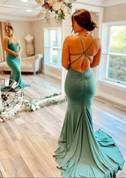 Mermaid V Neck Spaghetti Straps Floor-Length Court Train Jersey Prom Dress