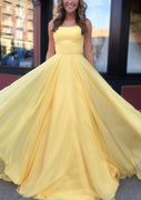 A-line Bateau Sleeveless Spaghetti Straps Sweep Train Yellow Chiffon Prom Dress