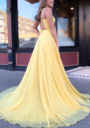 A-line Bateau Sleeveless Spaghetti Straps Sweep Train Yellow Chiffon Prom Dress