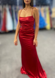 Sheath Cowl Neck Spaghetti Straps Long Criss-Cross Back Burgundy Charmeuse Prom Dress