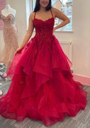 Ball Gown V Neck Sleeveless Burgundy Tulle Horsehair Sweep Train Prom Dress, Beaded Lace