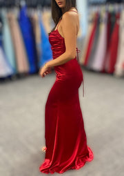 Sheath Cowl Neck Spaghetti Straps Long Criss-Cross Back Burgundy Charmeuse Prom Dress