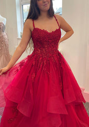 Ball Gown V Neck Sleeveless Burgundy Tulle Horsehair Sweep Train Prom Dress, Beaded Lace