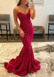 Mermaid Sweetheart Strapless  Sweep Train Burgundy Velvet Sequins Prom Dress