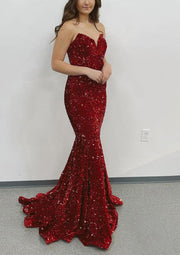 Mermaid Sweetheart Strapless  Sweep Train Burgundy Velvet Sequins Prom Dress