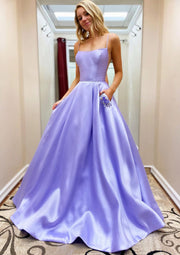 A-line Square Neck Spaghetti Straps Sweep Train Lavender Satin Prom Dress, Beaded Pockets