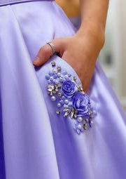 A-line Square Neck Spaghetti Straps Sweep Train Lavender Satin Prom Dress, Beaded Pockets