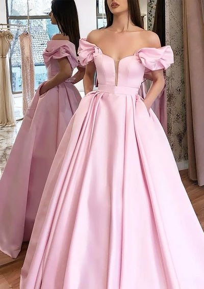 Princess Off Shoulder Plunging Puff Sleeve Pink Satin Prom Dress, Pleated Pockets