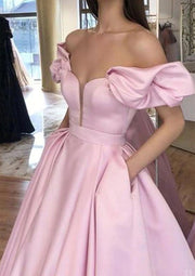 Princess Off Shoulder Plunging Puff Sleeve Pink Satin Prom Dress, Pleated Pockets