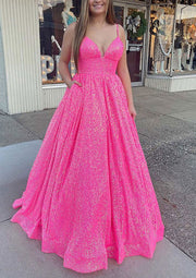 Ball Gown Sleeveless V Neck Floor-Length Sequined Sparkling Prom Dress