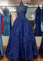 Ball Gown Sleeveless V Neck Floor-Length Sequined Sparkling Prom Dress